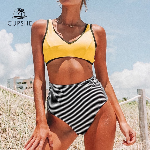 Cupshe Other - Yellow & Black Stripe High Waisted Bikini Sz XL